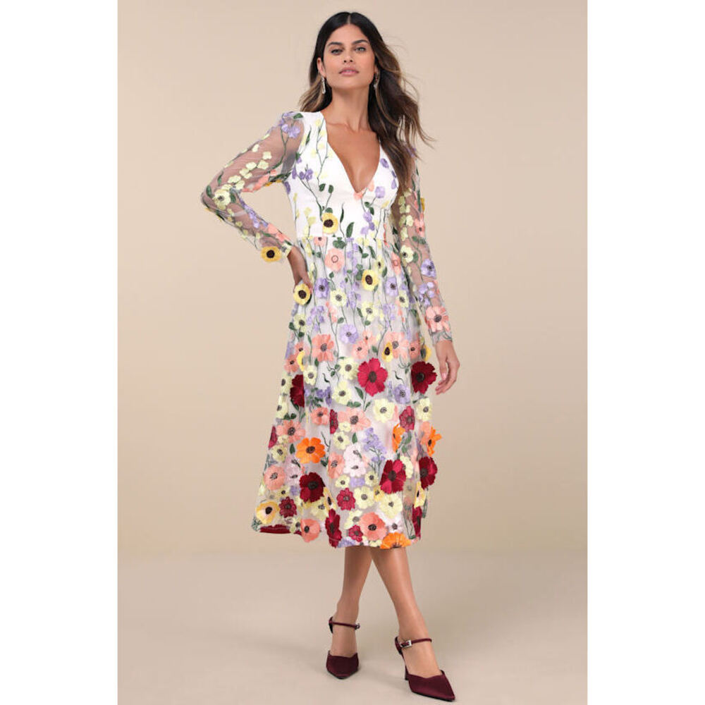 Lulus Impressive Blossom White 3d Floral Embroidered Midi Dress - Size L